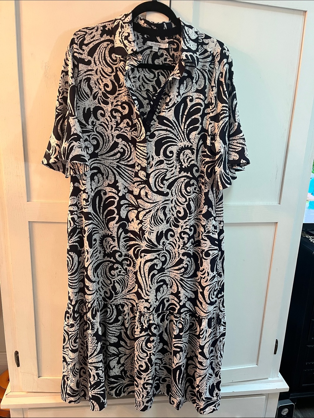 Chico's Navy and White Swirl-Print Midi Shirt Dress